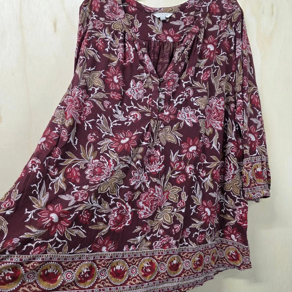 Lucky Brand Womens 3X Burgundy Floral Paisley 3/4 Sleeve Boho Tunic Blouse